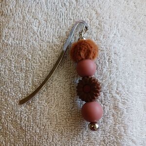 Women's Brown Pink Pom-Petal Bead Bookmark - Decorative Accessory